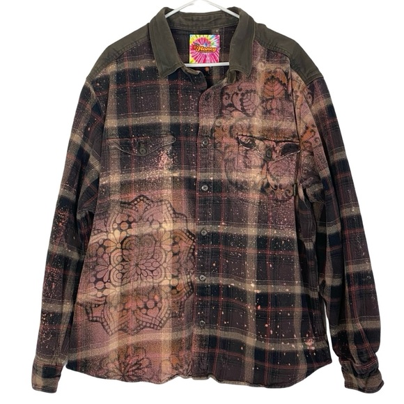 Handmade Floral Flannel Shirt Shacket Womens Plus XXL Bleached Plaid Button Down - Picture 1 of 13